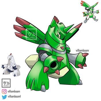 arm_cannon armor digimon duraludon fakemon full_body fusion gen_8_pokemon green_armor green_eyes green_helmet helmet highres horns nintendo official_art_inset oridigi pokemon pokemon_(creature) rapidmon_x-antibody simple_background single_horn solo villiam_boom weapon white_background