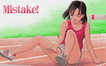 Rule 34 | 1990s (style), 1girl, archived source, arm between legs, arm support, bare arms, bare shoulders, black eyes, black hair, breasts, character request, commentary request, convenient leg, copyright request, cross-laced shoes, dithering, english text, failure, feet, footwear request, full body, grass, hurdle, looking to the side, medium hair, no socks, on ground, one eye closed, outdoors, pc-98 (style), pink shirt, pixel art, retro artstyle, running track, shirt, shoe soles, shoes, short shorts, shorts, sitting, sleeveless, sleeveless shirt, small breasts, solo, spread legs, teiku (take), title, tongue, tongue out, track and field, white shoes, white shorts