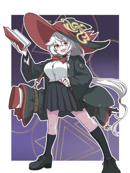 1girl absurdres black_hat blue_archive breasts commentary_request eri_(blue_archive) gradient_background grey_hair hair_between_eyes halo haruuuu1185_(kubaharu) hat highres large_breasts long_hair looking_at_viewer open_mouth purple_background red_ribbon ribbon school_uniform shirt smile solo thighs white_background white_shirt wildhunt_art_academy_logo witch_hat yellow_eyes yellow_halo