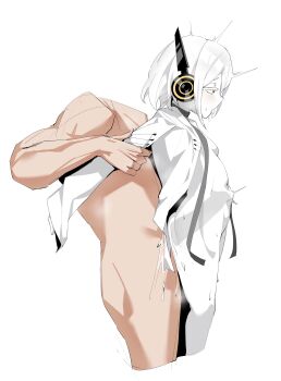 1boy 1girl absurdres blue_archive blush bottomless breasts colored_skin headless hetero highres loli mask plentyofempty respirator sex sex_from_behind simple_background small_breasts sof_(blue_archive) white_background white_skin