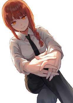 Rule 34 | 1girl, absurdres, black necktie, black pants, braid, braided ponytail, breasts, chainsaw man, closed mouth, collared shirt, commentary, cowboy shot, crossed legs, formal clothes, hair over shoulder, highres, invisible chair, long hair, long sleeves, looking at viewer, makima (chainsaw man), medium breasts, namin (namin star), necktie, open mouth, orange eyes, own hands together, pants, parted bangs, red hair, ringed eyes, shirt, sidelocks, simple background, sitting, smile, solo, white shirt
