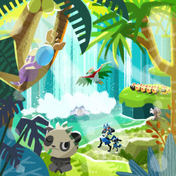 closed_mouth commentary_request crabrawler crossed_arms day falinks fern gen_1_pokemon gen_4_pokemon gen_6_pokemon gen_7_pokemon gen_8_pokemon grass hawlucha in_tree kubfu leaf leaf_in_mouth legendary_pokemon lens_flare light_rays lucario naco_oekaki nintendo one_eye_closed outdoors palm_tree pancham pokemon pokemon_(creature) pokemon_focus poliwrath red_eyes riolu sitting tree water waterfall