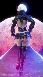 1girl 3d 60fps almightypatty alternate_costume android animated ass ass_shake backboob backless_outfit boots breasts curvy from_behind hair_ornament hairband hand_on_own_hip high_heels highres huge_ass jiggle looping_animation medium_breasts microskirt miniskirt nier:automata nier_(series) shiny_clothes shiny_skin short_hair skirt solo tagme thick_thighs thigh_boots thighhighs thighs thong video walking white_hair 2b_(nier:automata)