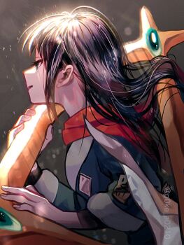 1girl akari_(pokemon) arceus black_hair blue_eyes blue_jacket eyelashes fingernails galaxy_expedition_team_survey_corps_uniform gen_4_pokemon grey_background half-closed_eyes jacket legendary_pokemon long_hair mythical_pokemon nintendo open_mouth p0ke_a0210 pokemon pokemon_(creature) pokemon_legends:_arceus red_scarf scarf twitter_username