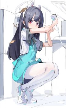 1girl absurdres apron barcode_scanner black_bow black_bowtie black_hair blue_apron blue_archive bow bowtie ggab0621 highres holding holding_barcode_scanner leaf leaf_on_head miyu_(blue_archive) official_alternate_costume pantyhose part_time_job red_eyes shirt shoes sketch sneakers solo squatting store_clerk tearing_up white_pantyhose white_shirt