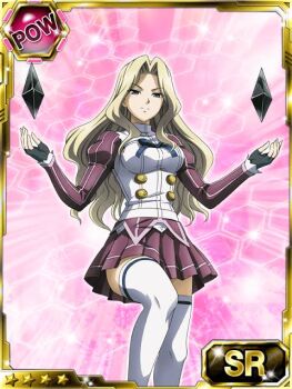 blonde_hair dress elizabeth_mably freezing_(series) freezing_vibration gloves long_hair maroon_dress maroon_skirt pink_background skirt smile thighhighs white_dress white_thighhighs