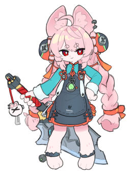 1girl animal_ear_fluff animal_ears braid commentary full_body furry furry_female hand_on_own_hip highres holding long_hair naz_(736) pink_fur pink_hair rabbit_ears rabbit_girl red_eyes simple_background solo sword thick_eyebrows twin_braids weapon white_background zenless_zone_zero zhao_(zenless_zone_zero)