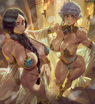 2girls ai-assisted ancient_egyptian ancient_egyptian_clothes bikini black_hair bleach bleach:_sennen_kessen-hen blue_eyes breasts closed_mouth curvy detached_sleeves fire grey_hair hair_between_breasts highres kotetsu_isane large_breasts lips long_hair looking_at_viewer multiple_girls pasties patreon_logo patreon_username see-through_clothes see-through_sleeves shexyo short_hair smile standing steam steaming_body sweat swimsuit thighs toes toned toned_female unohana_retsu