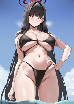 1girl absurdres alternate_costume bikini black_bikini black_hair blue_archive blush breasts bright_pupils commentary day gluteal_fold hair_ornament hairclip halo hand_on_own_hip highleg highleg_bikini highres large_breasts long_hair looking_at_viewer looking_down navel onedoo outdoors paid_reward_available parted_lips red_eyes rio_(blue_archive) sideboob skindentation solo stomach swimsuit underboob water white_pupils