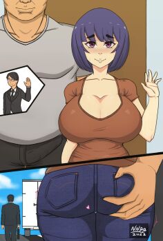 1girl 2boys ass_grab blue_hair blush breasts bulge cheating_(relationship) clothes denim erection erection_under_clothes fat fat_man heart hidden huge_breasts jeans married molestation multiple_boys netorare nnpp original pants purple_eyes short_hair stealth_ass_grab thick_eyebrows