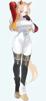 1girl absurdres adjusting_hair black_boots blonde_hair bodysuit boots breasts cameltoe covered_navel durandal_(chevalier_fidele)_(umamusume) durandal_(umamusume) ear_covers frilled_bodysuit ha_(hura76752775) hair_tie_in_mouth highres jacket large_breasts mouth_hold multicolored_hair ponytail red_jacket single_ear_cover tail thigh_boots two-tone_hair tying_hair umamusume white_bodysuit