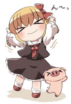 &gt;_&lt; 1girl arms_up ascot black_skirt black_vest blonde_hair blush chibi chibi_only closed_eyes closed_mouth collared_shirt commentary_request frilled_skirt frills full_body hair_ribbon highres long_sleeves pig red_ascot red_ribbon red_shoes ribbon rokugou_daisuke rumia shirt shoes short_hair signature simple_background skirt skirt_set socks solo standing stretching touhou v-shaped_eyebrows vest white_background white_shirt white_socks