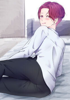 Rule 34 | 1girl, ass, black pants, breasts, commentary request, eyelashes, formal clothes, highres, looking at viewer, looking back, lying, on side, original, pant suit, pants, pink eyes, pink hair, reverse trap, shirt, short hair, solo, suit, tongue, tongue out, undercut, very short hair, white shirt, yu fukumoto