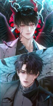 2boys absurdres aegyo_sal black_coat black_hair black_shirt black_wings blood blood_on_face coat collared_shirt cracked_skin demon_horns expressionless falling_feathers feathered_wings feathers hair_between_eyes highres horns kim_dokja lightning looking_at_another male_focus multiple_boys no_on_(no_oooo_on) official_alternate_costume omniscient_reader's_viewpoint popped_collar red_eyes road serious shirt short_hair split_screen stained_glass street upper_body white_coat wind wind_lift wings yoo_joonghyuk