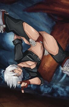 1girl angel_(kof) backless_pants blue_eyes boots bra breasts chaps cleavage cowboy_boots crop_top cropped_jacket fingerless_gloves gloves hair_over_one_eye highres index_fingers_raised jacket large_breasts leather leather_jacket looking_at_viewer midriff navel panties pants short_hair smile snk solo strapless strapless_bra the_king_of_fighters the_king_of_fighters_xv toned toned_female underwear white_hair yoshikagekieran