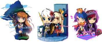 1boy 4girls alternate_color armor armored_boots belt bird black_cat black_pants black_thighhighs black_wings blue_belt blue_cape blue_dress blue_eyes blue_fire blue_hair blue_ribbon boots breastplate brown_hair brown_shirt cape cat chibi chibi_only closed_mouth clothes_around_waist commentary creator_(ragnarok_online) dress drops_(ragnarok_online) eddga english_commentary fire flame_print flower full_body gauntlets genetic_(ragnarok_online) green_eyes grey_eyes hair_flower hair_ornament hair_ribbon head_wings heart holding holding_sword holding_weapon hood hood_up leg_armor long_hair looking_at_viewer multiple_girls open_mouth orange_scarf paladin_(ragnarok_online) pants pauldrons penguin pkyu pleated_skirt poporing poring pullcart purple_hood purple_skirt ragnarok_online red_dress red_hair ribbon scarf shirt shirt_around_waist shoulder_armor simple_background skirt smile spoken_heart sura_(ragnarok_online) sword thighhighs tree v-shaped_eyebrows weapon white_background white_boots wings yellow_eyes