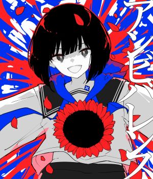 1girl :d absurdres black_hair black_skirt blue_background drawstring flower grey_eyes highres hood hood_down long_sleeves looking_at_viewer multicolored_hair open_mouth original osisio petals purple_hair red_flower shirt simple_background skirt smile solo sunflower translation_request two-tone_hair white_shirt