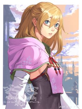 1girl 5tatsu artist_name black_shirt blonde_hair border breasts capelet cloud cloudy_sky commentary_request dated detached_sleeves glasses grey_eyes hair_between_eyes half_updo highres long_hair medium_breasts original parted_lips pink_capelet ponytail shirt sideboob sky solo upper_body white_border white_sleeves