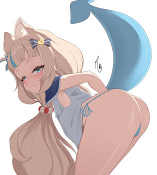 1girl absurdres animal_ears aqua_eyes ass bikini blonde_hair cat_ears clothes_lift dress dress_lift fang female_focus fins fish_tail highres indie_virtual_youtuber legs loli long_hair long_twintails mesugaki micro_bikini sameko_saba side-tie_bikini_bottom skin_fang smile smug solo swimsuit tail theluckstone thighs twintails virtual_youtuber white_background