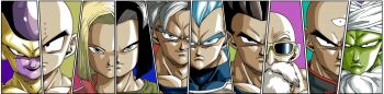 1girl 6+boys android_17 android_18 bald beard black_hair blonde_hair blue_eyes blue_hair close-up colored_skin commentary_request dragon_ball dragon_ball_super facial_hair frieza gold_skin golden_frieza green_skin grey_eyes grey_hair highres kuririn long_image multiple_boys muten_roushi no_eyebrows piccolo ryukyudb0726 short_hair son_gohan son_goku sunglasses super_saiyan_blue_evolved tenshinhan third_eye ultra_instinct vegeta wide_image