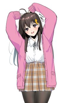 1girl absurdres ahoge black_hair black_pantyhose blush brown_skirt cardigan commentary_request crescent crescent_hair_ornament dated fujino_mitsuki hair_ornament highres long_hair looking_at_viewer masuda_chihiro pantyhose pink_cardigan plaid_clothes plaid_skirt purple_eyes shirt signature simple_background skirt smile solo white_background white_shirt zombie_no_afureta_sekai_de_ore_dake_ga_osowarenai