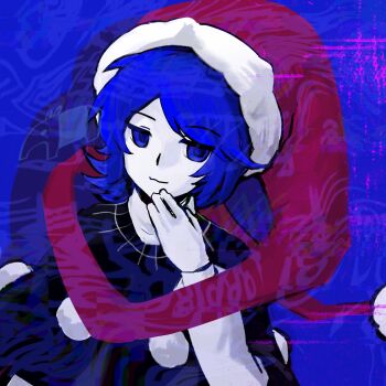 1girl blue_background blue_eyes blue_hair doremy_sweet hand_on_own_cheek hand_on_own_face hat highres lei_niao3375 long_sleeves medium_hair santa_hat solo touhou