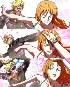 1boy 1girl aqua_shirt arm_behind_back bare_arms bare_shoulders black_jacket black_necktie blonde_hair blood bracelet closed_eyes closed_mouth collared_shirt commentary curly_eyebrows derivative_work earrings gold_bangle hand_in_pocket hands_on_own_head heart heart-shaped_eyes highres jacket jewelry long_hair looking_at_another meme nami_(one_piece) naoya_hitting_choso_without_looking_(meme) necktie nosebleed one_piece open_mouth orange_hair parted_lips sanam_1piece sanji_(one_piece) shirt short_hair smile symbol-only_commentary tongue tongue_out yellow_shirt