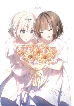 Rule 34 | 2girls, absurdres, black hair, blue eyes, blush, bouquet, closed eyes, commentary request, dated, dress, erika (user spth3377), flower, hair ribbon, hanamura hinako, highres, holding, holding bouquet, kitanai kimi ga ichiban kawaii, long sleeves, multiple girls, official alternate hair length, official alternate hairstyle, open mouth, ribbon, sezaki airi, short hair, short sleeves, white dress, white hair