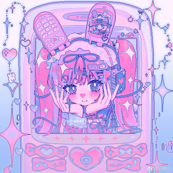 1girl animal_ears apangbai_(anarrator) artist_name bare_shoulders belt belt_buckle blue_background blue_eyes blue_ribbon blush buckle cable cellphone character_print closed_mouth cross-laced_armwear flip_phone frilled_shirt frills gradient_background gradient_eyes hair_between_eyes hair_ornament hair_ribbon hairband hairclip headphones heart heart_hair_ornament heart_in_eye highres limited_palette lolita_hairband long_hair mismatched_arm_warmers multicolored_eyes original pastel_colors phone pink_arm_warmers pink_belt pink_hair pixel_art purple_eyes rabbit_ears ribbon ribbon-trimmed_hairband self_character_print shirt sleeveless sleeveless_shirt smile solo sparkle sparkling_eyes symbol_in_eye twintails upper_body watermark weibo_watermark white_arm_warmers white_hairband white_shirt wrist_belt wrist_ribbon x_hair_ornament