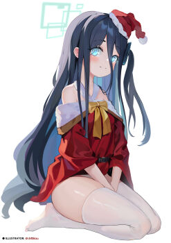 1girl absurdres alternate_costume aris_(blue_archive) black_hair blue_archive blue_eyes blue_halo blush commentary_request dress feet halo hat highres kizu_(8423) long_hair partial_commentary ribbon santa_costume santa_dress santa_hat smile solo thighhighs white_thighhighs yellow_ribbon
