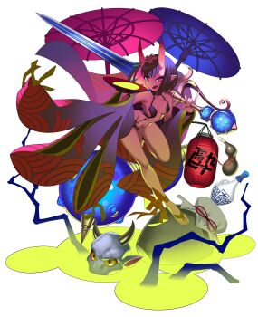 1girl absurdres alcohol ankle_ribbon barefoot barefoot_sandals_(jewelry) blue_umbrella bob_cut breasts breasts_apart choko_(cup) commentary_request cup drinking_glass fang fate/grand_order fate_(series) full_body gourd highres holding holding_cup holding_sword holding_weapon horns japanese_clothes kimono lantern leg_ribbon looking_at_viewer mask medium_hair navel no_pupils oil-paper_umbrella oni oni_mask open_clothes open_kimono open_mouth over_shoulder paper_lantern pink_umbrella poison purple_eyes purple_hair purple_kimono red_ribbon revealing_clothes ribbon sakazuki sake short_eyebrows short_hair shuten_douji_(fate) shuten_douji_(first_ascension)_(fate) simple_background skin-covered_horns small_breasts smile solo stomach sword tlotro umbrella weapon weapon_over_shoulder white_background wide_sleeves