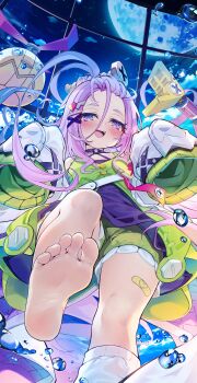 1girl absurdres aino_(genshin_impact) barefoot blush feet genshin_impact heaven&#039;s_melody highres long_hair looking_at_viewer open_mouth pink_hair purple_eyes shorts soles toes