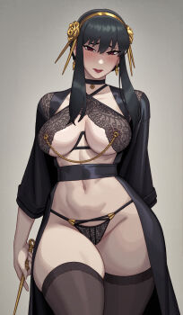 1girl absurdres black_hair blush breasts commentary earrings embarrassed english_commentary hairband highres jewelry large_breasts lingerie long_hair looking_at_viewer red_eyes riz sidelocks solo spy_x_family thick_thighs thighs toned underwear weapon yor_briar
