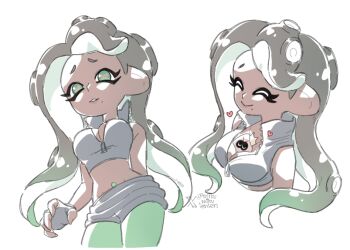 2girls ariamikukanzaki arm_behind_back between_breasts black_gloves black_hair breasts cleavage commentary cropped_vest dark-skinned_female dark_skin fingerless_gloves gloves gradient_hair green_eyes green_hair green_pants hashtag-only_commentary heart inkling large_breasts long_hair marina_(off_the_hook_outfit)_(splatoon) marina_(splatoon) midriff mole mole_under_mouth multicolored_hair multiple_girls navel_piercing nintendo octoling pants pearl_(splatoon) piercing signature smile splatoon_(series) splatoon_2 tentacle_hair vest