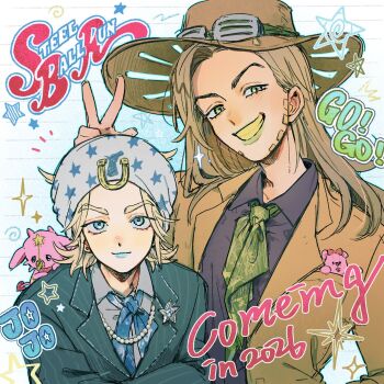 2boys ascot beard blonde_hair blue_bow blue_bowtie blue_eyes blue_jacket blue_lips bow bowtie brown_hair brown_hat brown_jacket closed_mouth collared_shirt commentary cowboy_hat crossed_arms dated english_commentary facial_hair formal_clothes goggles goggles_on_headwear gold_teeth green_ascot green_eyes green_lips green_neckerchief grey_hat grey_shirt grin gyro_zeppeli hand_up hat highres horse_print horseshoe_hat_ornament horseshoe_ornament jacket johnny_joestar jojo_no_kimyou_na_bouken long_hair long_sleeves looking_at_viewer makeup male_focus multiple_boys neckerchief pinstripe_pattern pinstripe_suit purple_shirt shirt short_hair smile stand_(jojo) star_(symbol) star_print steel_ball_run stuffed_animal stuffed_toy suit teddy_bear tusk_(stand) tusk_act1 upper_body v yonu_jelly