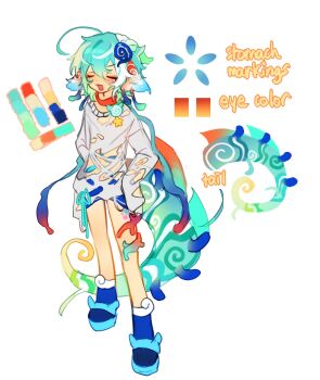 1girl ahoge animal_ears aqua_hair blue_shoes body_markings closed_eyes cloud_(lufaeris) color_guide commentary double-parted_bangs english_commentary full_body grey_shirt hair_between_eyes highres huge_ahoge long_hair long_sleeves open_mouth original shirt shoes smile solo tail torn_clothes torn_shirt white_background