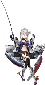 1girl ahoge black_bra black_panties black_sailor_collar black_skirt black_thighhighs blue_eyes blue_shirt bra breasts fish fishing_rod full_body glasses gloves grey_hair headgear heywood_l._edwards_(kancolle) heywood_l._edwards_(saury_festival)_(kancolle) heywood_l._edwards_kai_(kancolle) highres holding holding_fishing_rod kantai_collection long_hair medium_breasts navel neckerchief off-shoulder_shirt off_shoulder official_alternate_costume official_art panties pink_neckerchief rigging sailor_collar saury shirt skirt stomach thighhighs torn_clothes torn_shirt torn_skirt torn_thighhighs transparent_background underwear white_gloves zeco