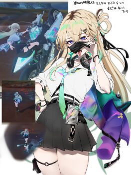 Rule 34 | 1girl, aqua necktie, black nails, black skirt, blonde hair, blue eyes, braid, braided bangs, breasts, bright pupils, commentary request, earrings, eyeliner, game screenshot inset, green nails, hair between eyes, hair ornament, hand on own hip, headphones, headphones around neck, highres, id card, jacket, jewelry, large breasts, long hair, looking at viewer, lynae (wuthering waves), makeup, mask, mask pull, mole, mole on breast, mouth mask, multicolored hair, multicolored nails, necklace, necktie, open mouth, piercing, red eyeliner, road757, screenshot inset, shirt, shirt tucked in, skirt, skull hair ornament, star (symbol), star earrings, streaked hair, thighs, tongue, tongue out, tongue piercing, very long hair, white jacket, white shirt, wuthering waves