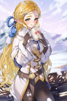:q blonde_hair blush female_focus gloves hair_ornament hairclip highres long_hair looking_at_viewer nintendo pointy_ears princess_zelda shuri_(84k) tea_cup the_legend_of_zelda the_legend_of_zelda:_breath_of_the_wild tongue tongue_out winter zelda_(breath_of_the_wild)