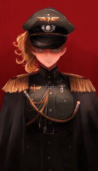 1girl a_111123 aged_up blonde_hair blue_eyes cape cross expressionless hat highres iron_cross lips long_hair looking_at_viewer medal military military_hat military_uniform ponytail red_background shaded_face solo tanya_degurechaff youjo_senki
