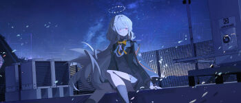 1girl absurdres black_jacket black_socks breasts colored_eyelashes commentary_request dress galaxy grey_dress grey_hair hair_ornament halo highres jacket long_hair looking_afar medium_breasts mornye_(wuthering_waves) night official_alternate_costume outdoors red_eyes siroka sitting sky socks solo star_(sky) starry_sky turning_head wuthering_waves