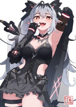 1girl ahoge arm_behind_back arm_up armpits barcode barcode_tattoo berudora black_hair black_streaks breasts chest_tattoo cleavage clothing_cutout commentary_request cowboy_shot crossed_bangs gradient_background grey_hair gun hair_between_eyes hair_intakes hand_on_own_face hands_up headgear highres holding holding_gun holding_weapon horizontal_pupils jetavie:_daybreak_(pgr) jetavie_(pgr) laughing mechanical_arms mechanical_tail medium_breasts mismatched_pupils multicolored_hair open_mouth pointy_ears punishing:_gray_raven red_eyes smile solo standing streaked_hair symbol-shaped_pupils tail tattoo teeth twintails upper_teeth_only weapon white_background x-shaped_pupils