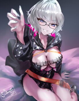 1girl black_dress black_jacket blue_eyes breasts cleavage cropped_jacket dress fate/grand_order fate_(series) glasses grey_hair grin highres hood hooded_jacket jacket jacques_de_molay_(foreigner)_(fate) jacques_de_molay_(foreigner)_(second_ascension)_(fate) large_breasts long_sleeves looking_at_viewer panda=hiro short_dress short_hair smile solo