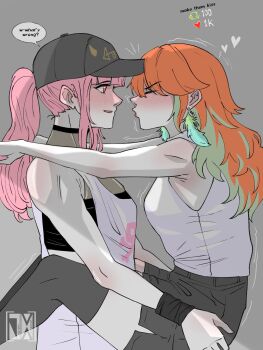 2girls alternate_costume baseball_cap blush breasts cleavage commentary couple earrings english_commentary feather_earrings feathers fishnet_top fishnets halter_shirt halterneck hat highres holding hololive hololive_english jasper_xandros jewelry large_breasts long_hair mori_calliope mori_calliope_(streetwear) multicolored_hair multiple_girls official_alternate_costume open_mouth orange_hair pants pink_hair skull_and_crossbones skull_print sweatpants takanashi_kiara virtual_youtuber