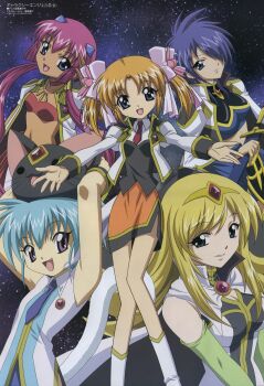 00s 5girls absurdres album_cover animal_ears anise_azeat apricot_sakuraba blonde_hair blue_eyes blush boots broccoli_(company) cape cat_ears cover elbow_gloves flower galaxy_angel galaxy_angel_rune gloves hair_ornament hairclip highres kahlua_marjoram kneehighs lily_c._sherbet long_hair multiple_girls nano-nano_pudding non-web_source orange_skirt pencil_skirt red_hair ribbon shinohara_kenji skirt socks star_(symbol) star_symbol_background sword tan tiara twintails weapon