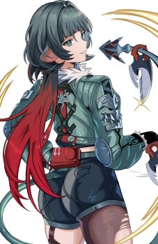 1girl animal_ears ass black_hair black_pantyhose black_shorts from_behind green_eyes highres holding holding_weapon holding_with_tail jane_doe_(zenless_zone_zero) mouse_ears mouse_girl mouse_tail multicolored_hair pantyhose prehensile_tail red_hair rxo2xs shorts simple_background solo tail torn_clothes torn_pantyhose two-tone_hair weapon white_background zenless_zone_zero