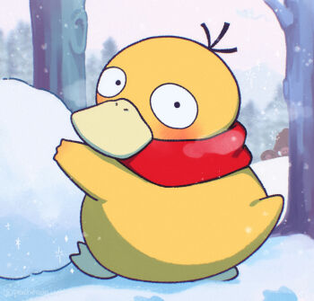 amesuupu blush clothed_pokemon commentary_request footprints full_body gen_1_pokemon gen_2_pokemon looking_at_viewer looking_back nintendo no_humans nostrils outdoors piloswine pokemon pokemon_(creature) pokemon_focus psyduck red_scarf scarf snow solo_focus sparkle standing swinub tree