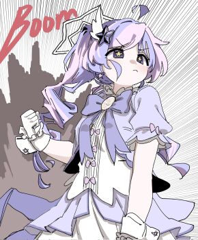 +_+ 1girl ahoge blue_archive dress english_text frilled_dress frills frown gloves hair_ornament highres magical_girl non-web_source power_lines reisa_(blue_archive) ribbon samsick simple_background star_(symbol) star_hair_ornament v-shaped_eyebrows white_gloves
