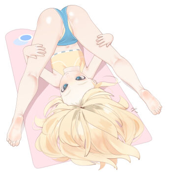 1girl barefoot blonde_hair blue_eyes blue_shorts blush crop_top flat_chest flexible full_body goophilia highres legs_up loli long_hair looking_up lying mat on_back open_mouth original short_shorts shorts simple_background soles solo toes white_background
