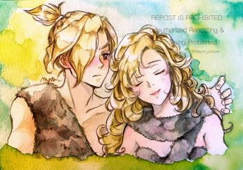 1boy 1girl arm_around_shoulder ayla_(chrono_trigger) bare_shoulders blonde_hair caveman cavewoman chrono_trigger closed_eyes cropped_torso curly_hair furrowed_brow grey_scarf grey_shirt grey_tunic hair_over_one_eye hetero highres hover_hand kino_(chrono_trigger) light_smile long_hair looking_at_another mayim ponytail scarf shirt short_hair short_ponytail smile traditional_media tunic twitter_username upper_body